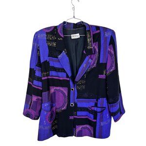 Vtg Womens Oversized Blazer Purple Abstract Print Blazer Jacket XL Art to Wear
